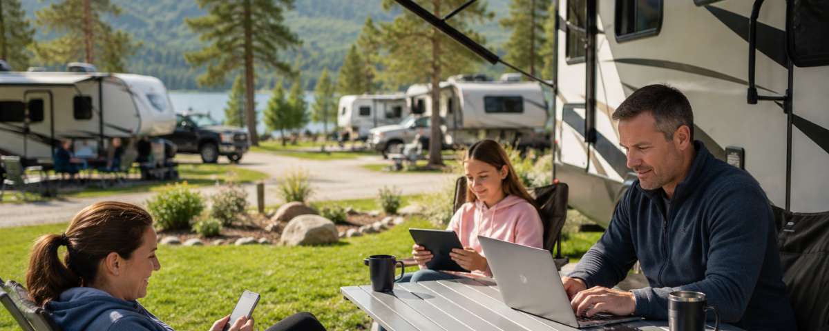 RV campground guests using a laptop and tablet while staying connected at their campsite
