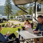RV campground guests using a laptop and tablet while staying connected at their campsite