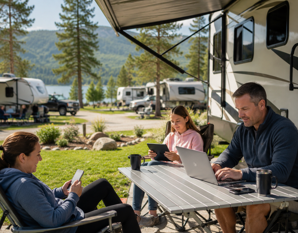 RV campground guests using a laptop and tablet while staying connected at their campsite