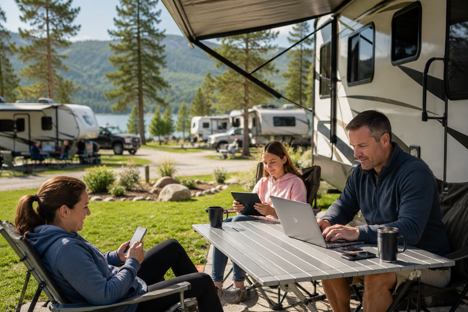 RV campground guests using a laptop and tablet while staying connected at their campsite