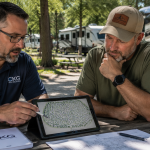 Technology consultant reviewing a campground network plan with a business owner