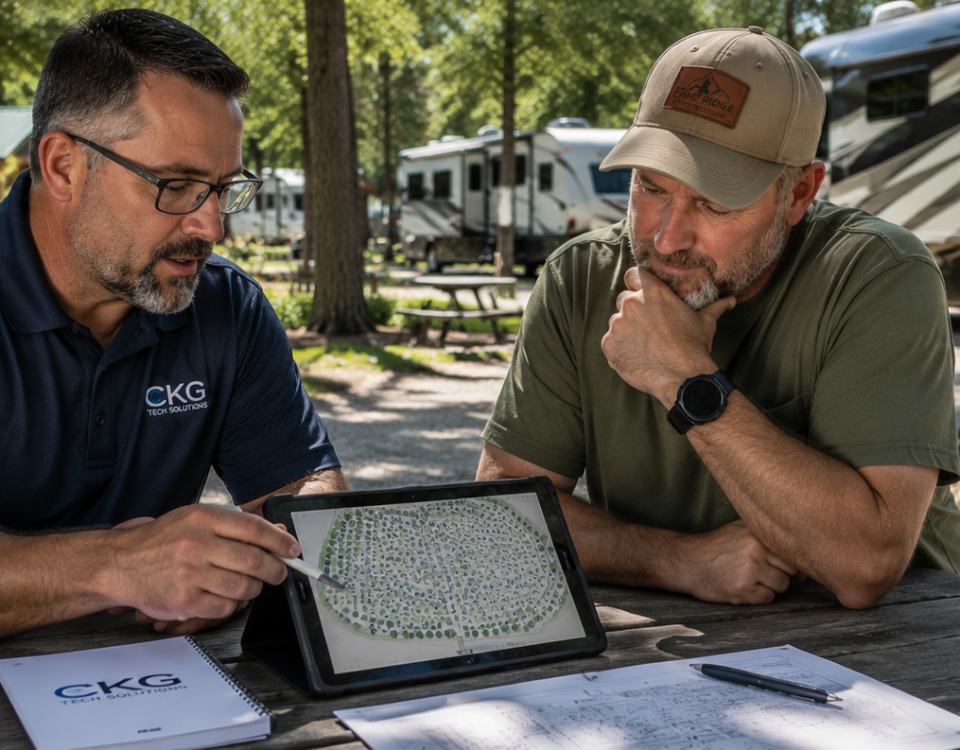 Technology consultant reviewing a campground network plan with a business owner