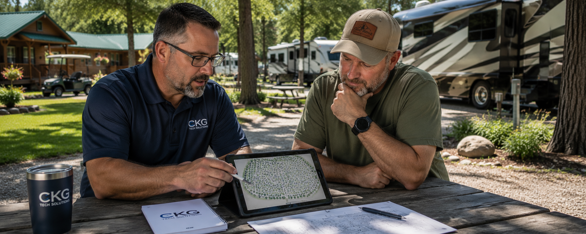 Technology consultant reviewing a campground network plan with a business owner