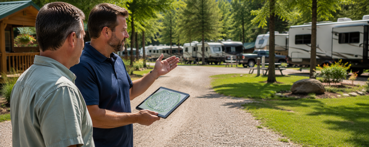 Business owner and technology consultant discussing future network improvements at a campground