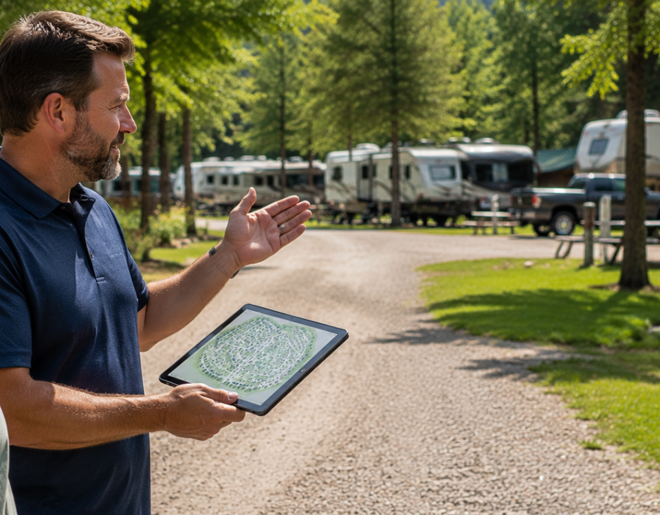 Business owner and technology consultant discussing future network improvements at a campground