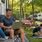 Family enjoying a campground while using connected devices and relaxing at their RV campsite