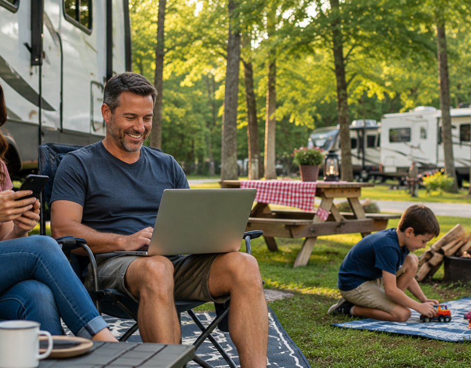 Family enjoying a campground while using connected devices and relaxing at their RV campsite