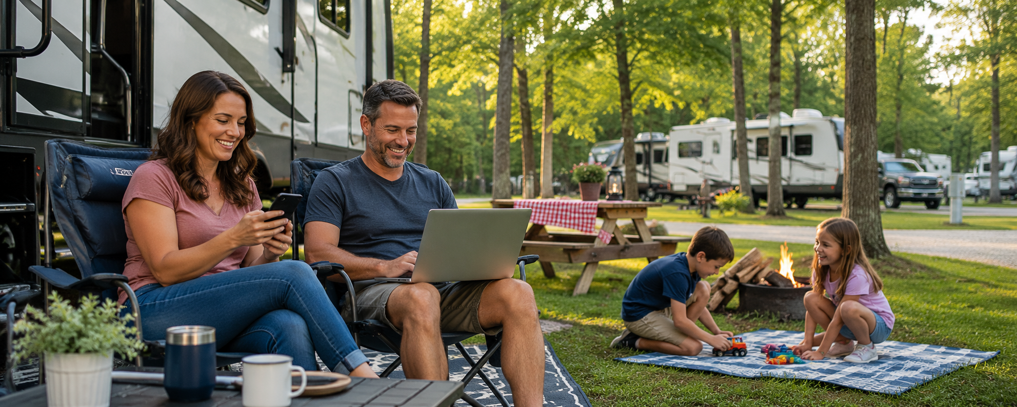 Family enjoying a campground while using connected devices and relaxing at their RV campsite