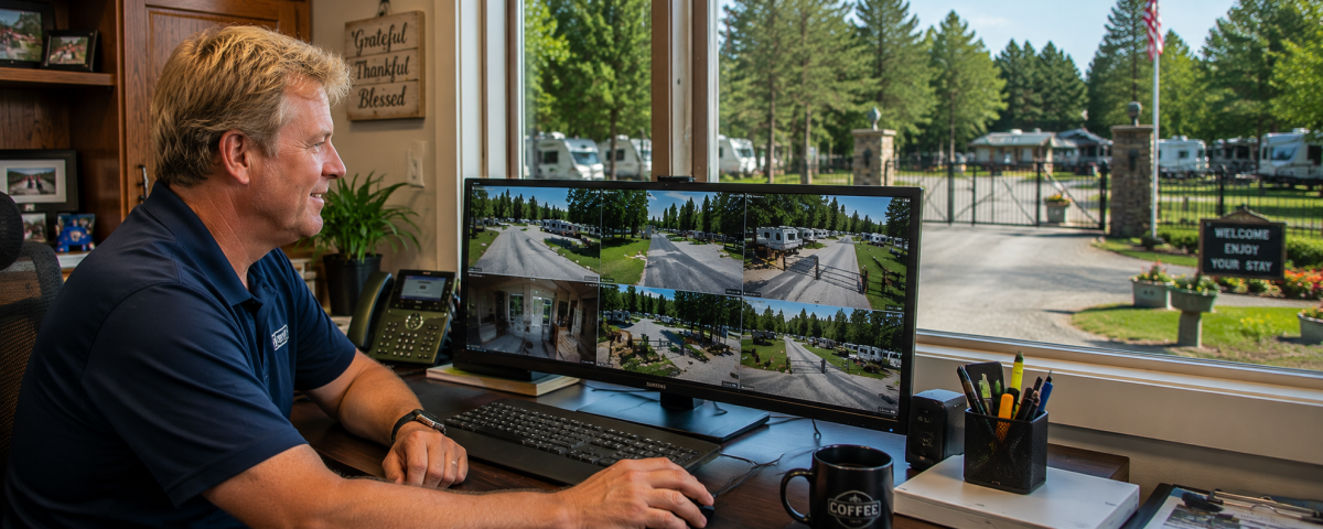 Business owner monitoring campground security cameras from an office using a modern surveillance system