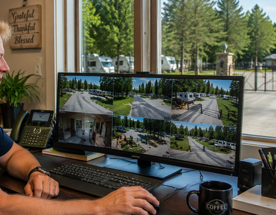 Business owner monitoring campground security cameras from an office using a modern surveillance system