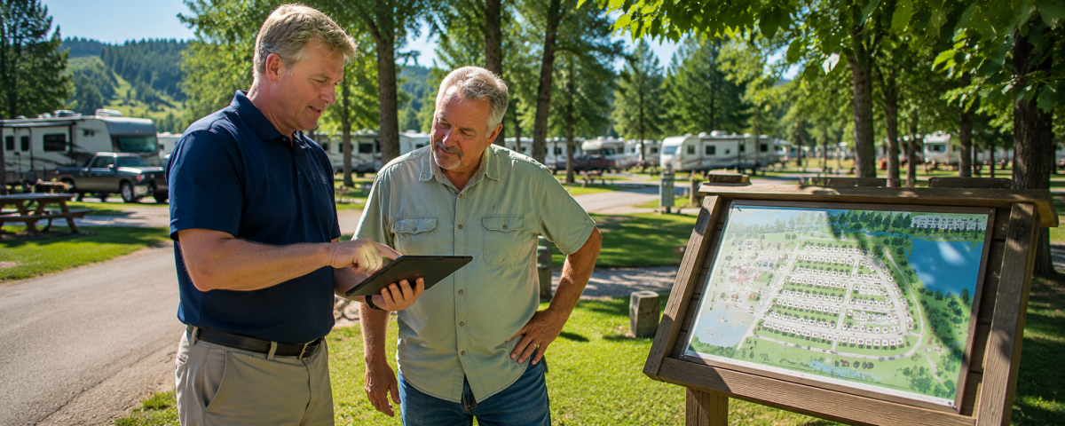 Technology consultant and campground owner reviewing future infrastructure improvements at an RV park
