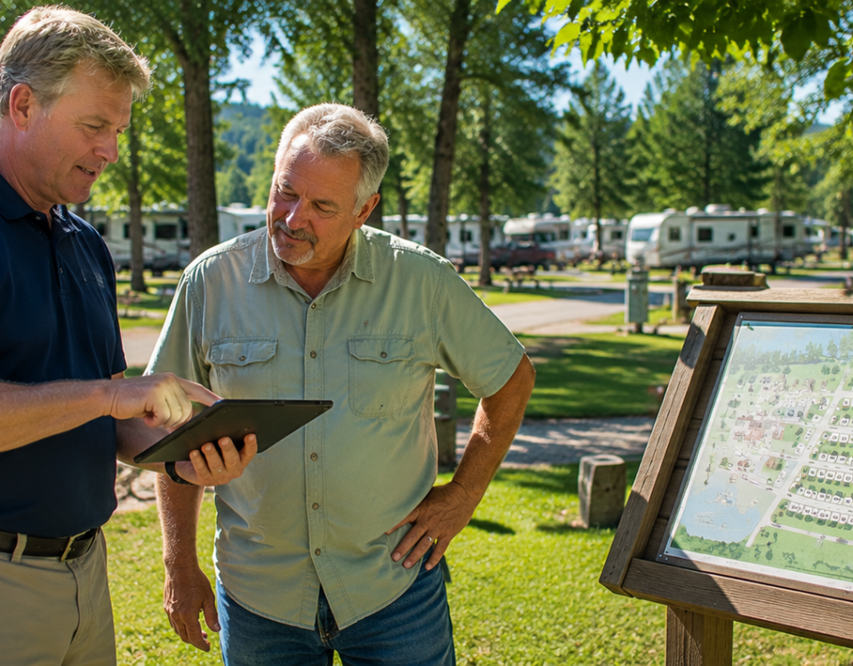 Technology consultant and campground owner reviewing future infrastructure improvements at an RV park