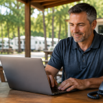 Business owner using reliable technology to manage daily operations