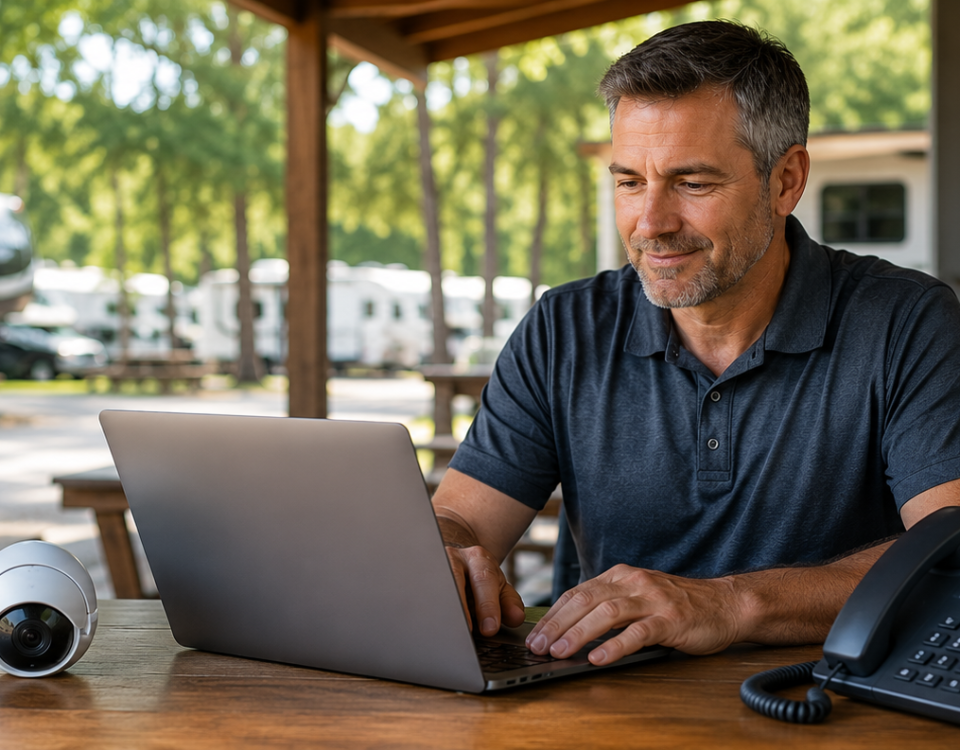 Business owner using reliable technology to manage daily operations