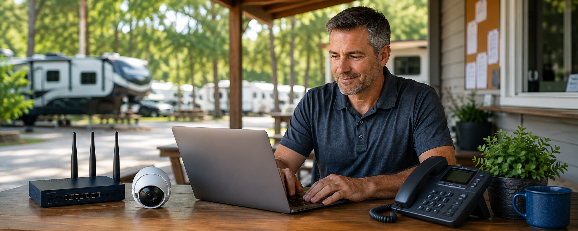 Business owner using reliable technology to manage daily operations