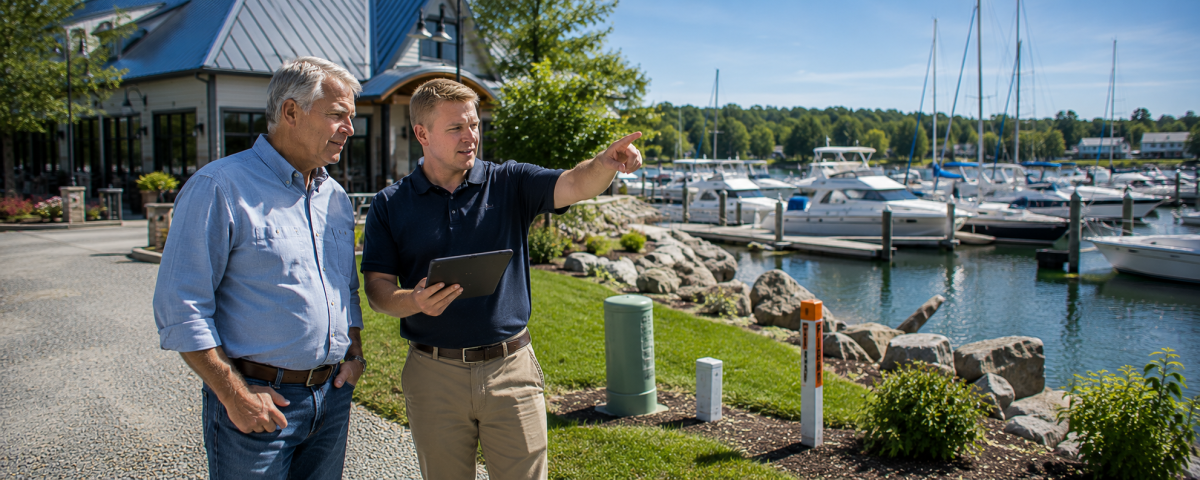 Business owner and technology consultant discussing fiber internet planning at a marina
