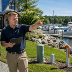 Business owner and technology consultant discussing fiber internet planning at a marina