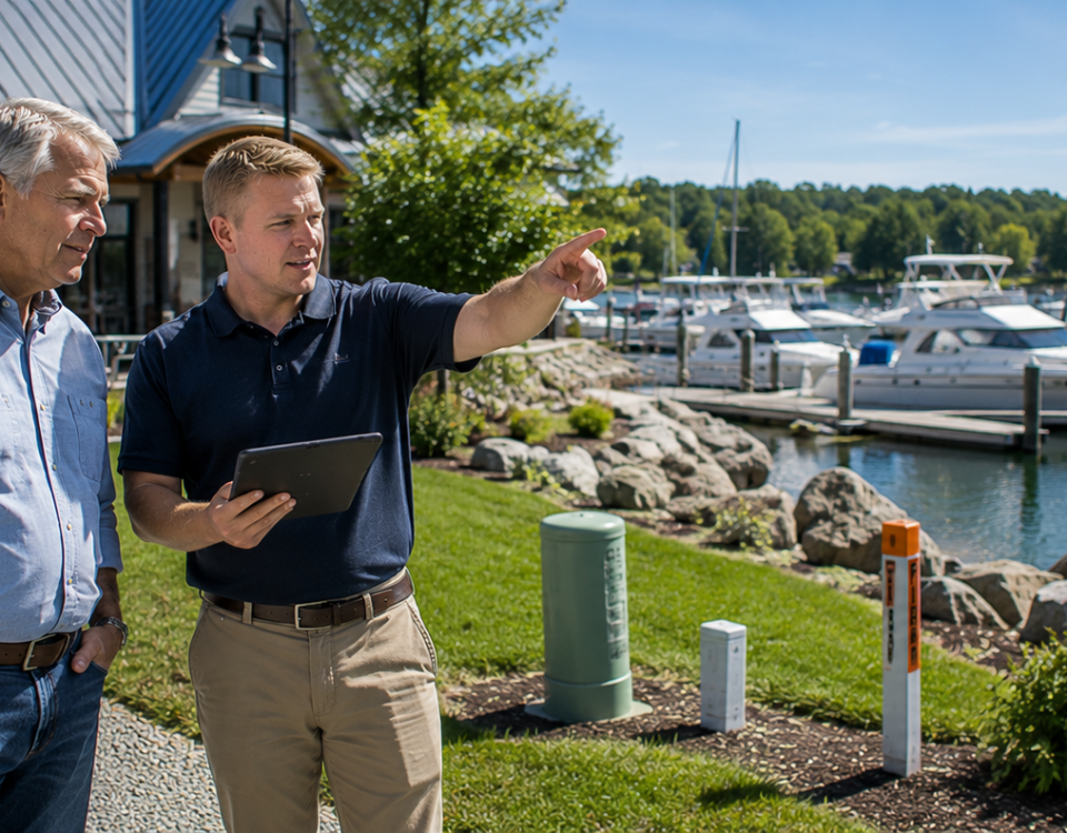 Business owner and technology consultant discussing fiber internet planning at a marina